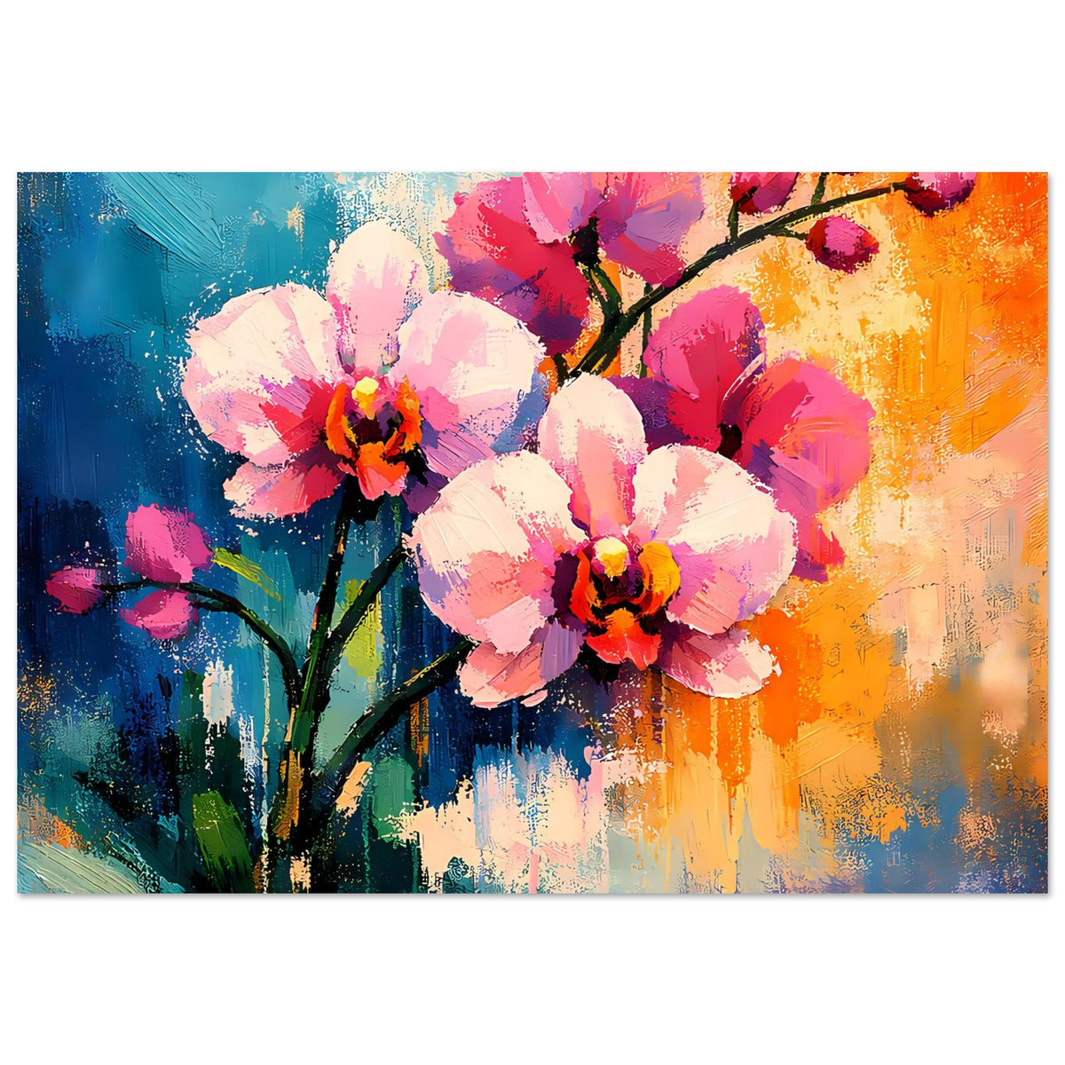 Horizontales Blumenposter mit abstrakten Orchideenblüten in Rosa, Orange und Blau