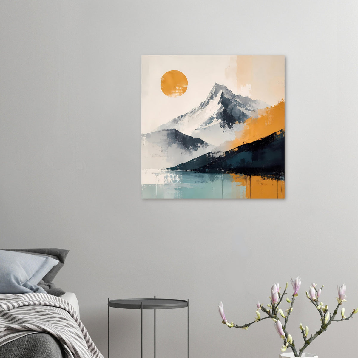Kleiner abstrakter Berglandschaftsdruck mit Sonne, blau-grauen Bergen und warmen Orange-/Türkisflächen