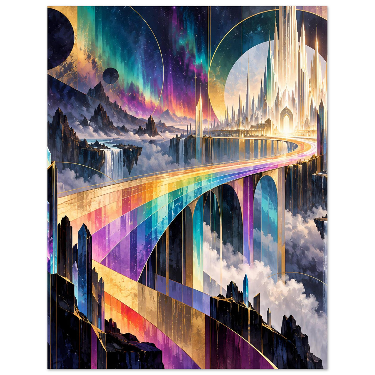Poster mit Regenbogenbrücke und futuristischer Skyline, Regenbogenfarben und Wolken.