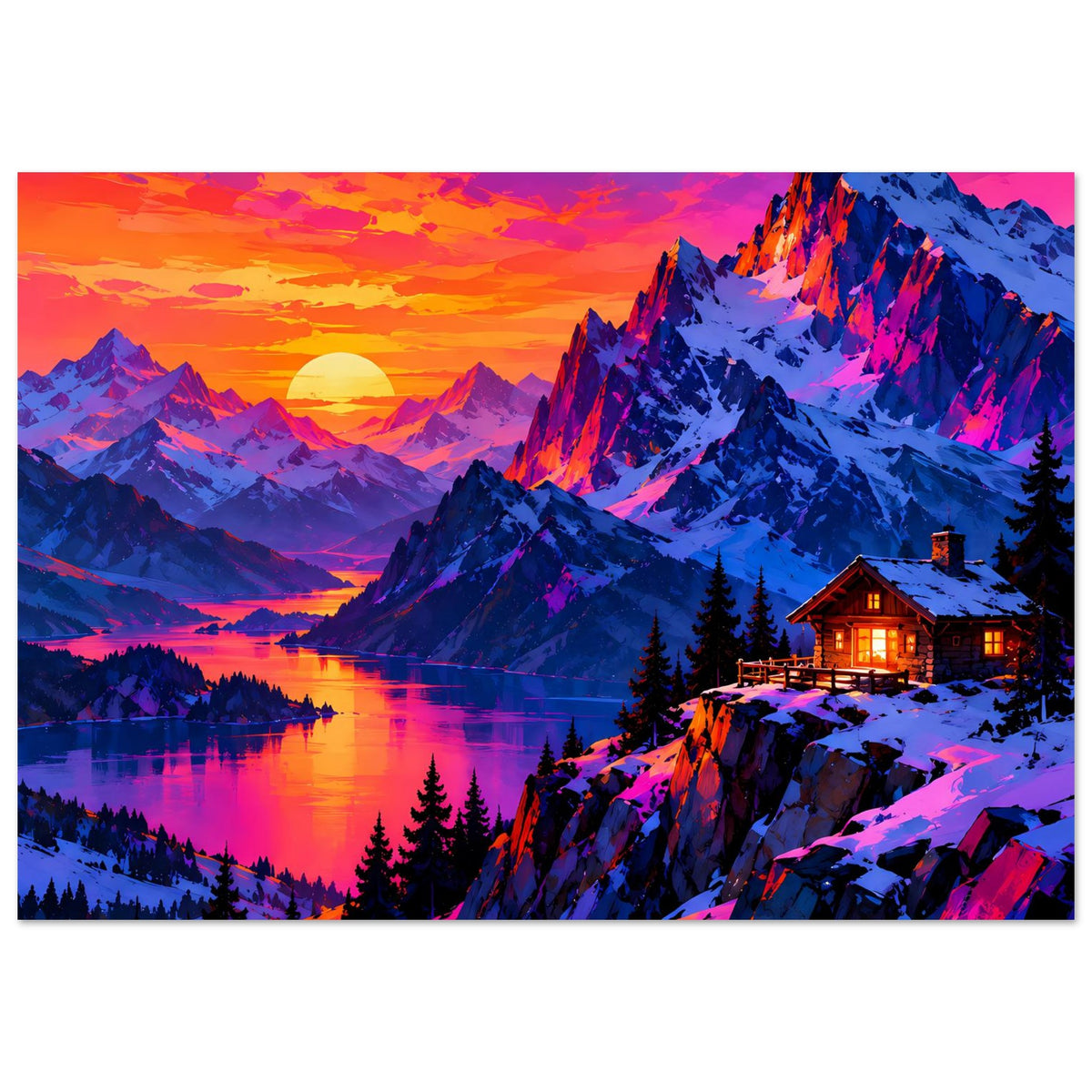 Horizontales Poster mit Bergsee im Sonnenuntergang, leuchtender Sonne und verschneiten Gipfeln.