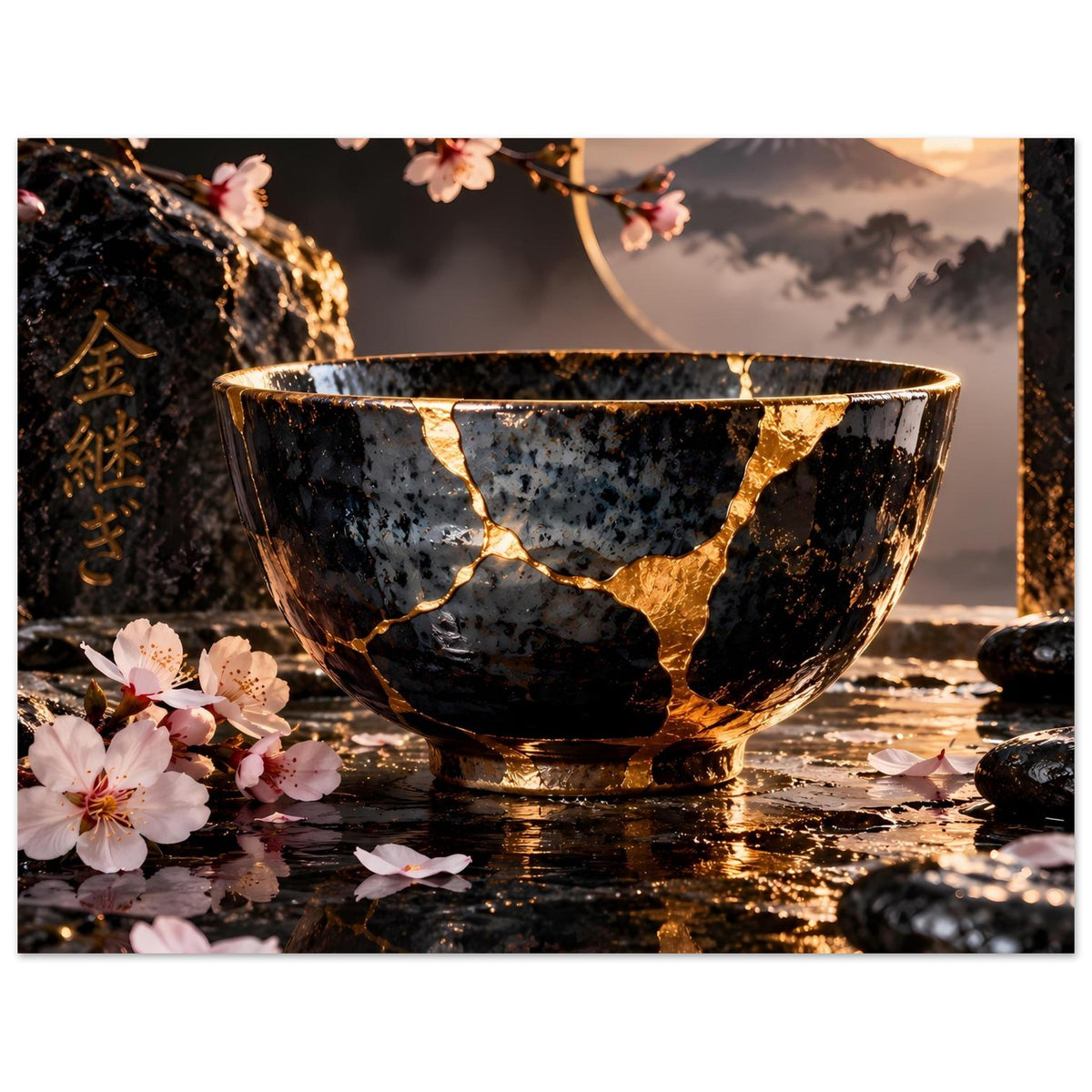 Kintsugi-Elegance-Poster: schwarze Schale mit goldenen Rissen, Kirschblüten und Stein-Detail