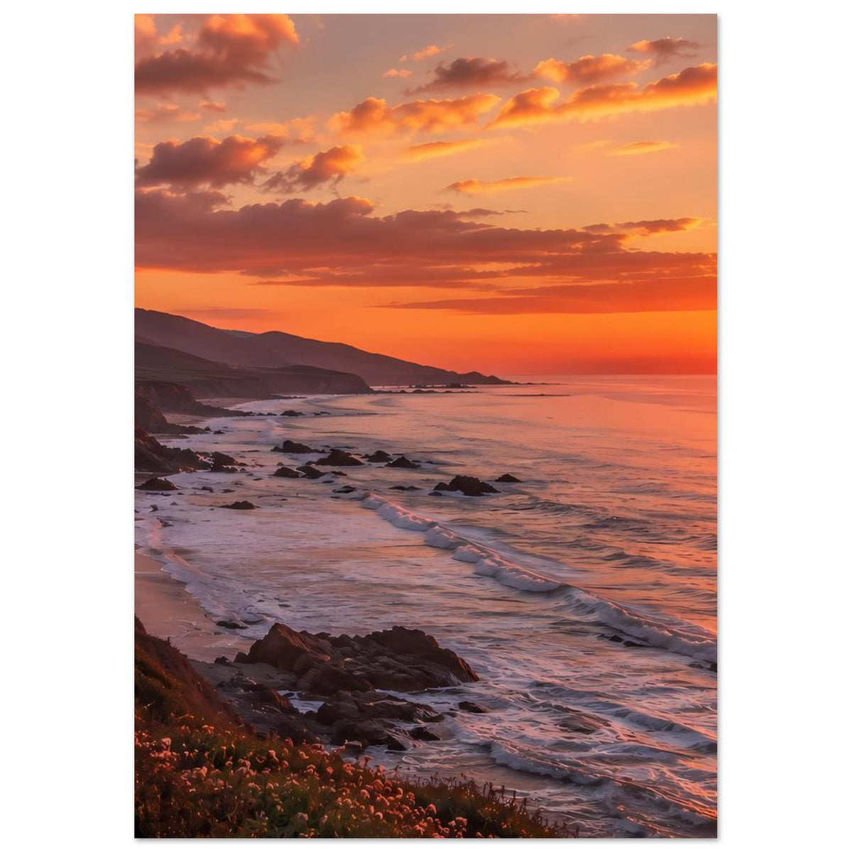 Poster: Küste im Sonnenuntergang, warme Orange- und Rottöne, Strand, Meer und Bewuchs