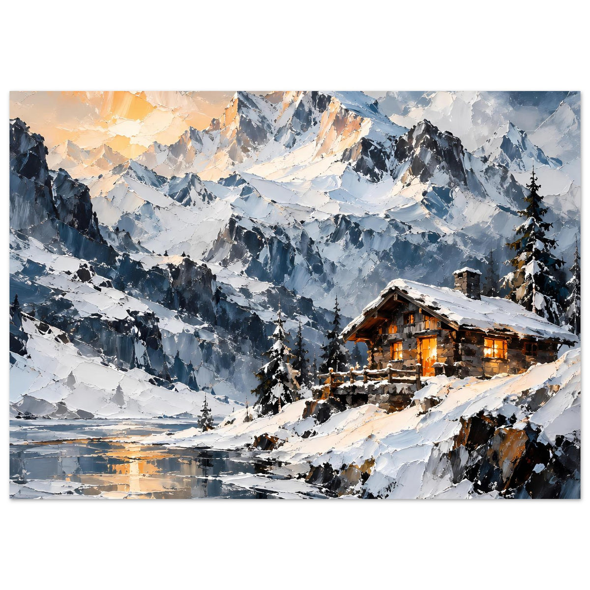 Winterhütten-Poster mit schneebedeckten Bergen, Berghütte rechts und warmem Licht in Fenstern