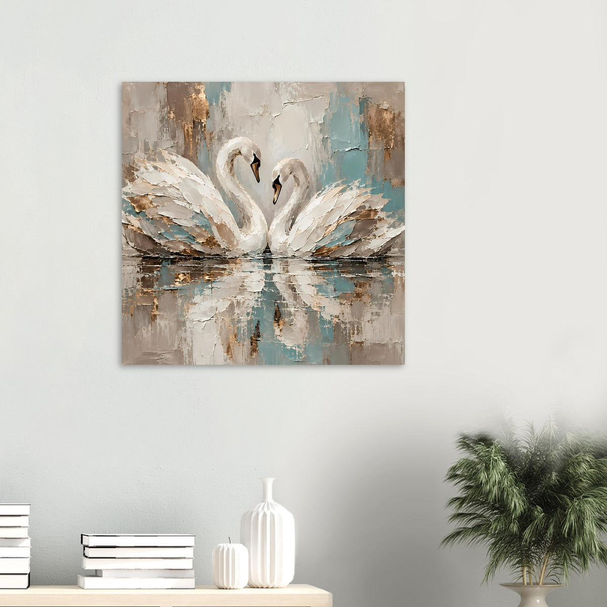 Kleines Kunstposter mit zwei Schwänen, abstrakt gemalt in Blau und goldenen Akzenten.