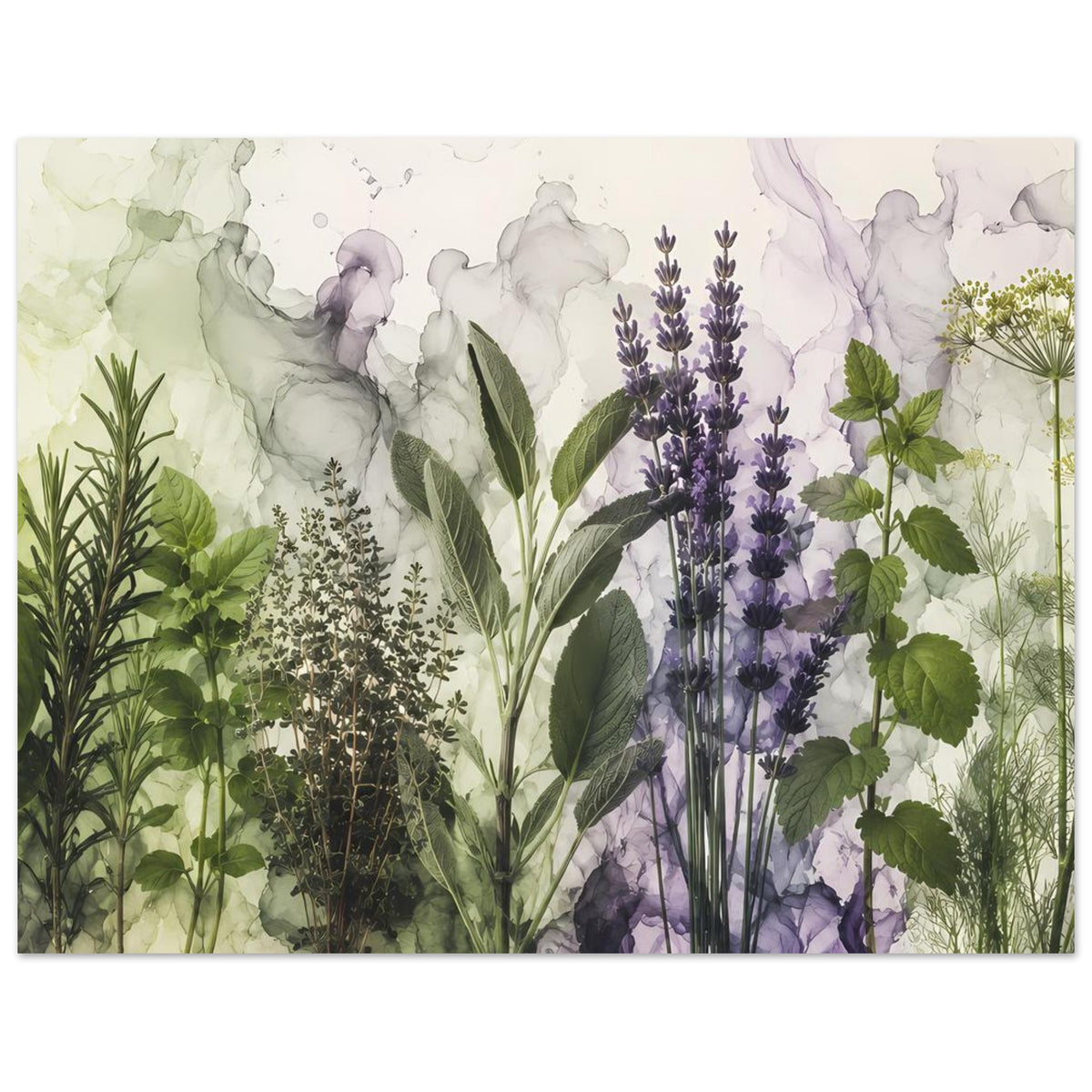 Botanisches Poster mit Lavendelbüscheln und grünen Kräuterpflanzen im Pastell-Aquarell