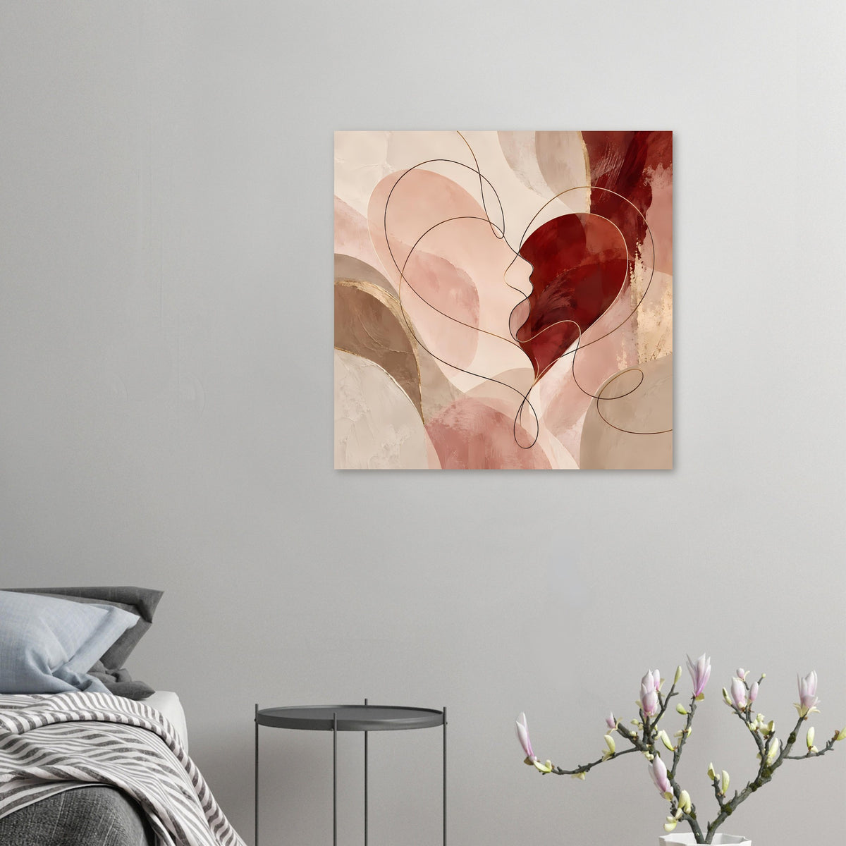 Kleines Wandposter mit abstraktem Herz in Rot und Rosa, geschwungene Linien