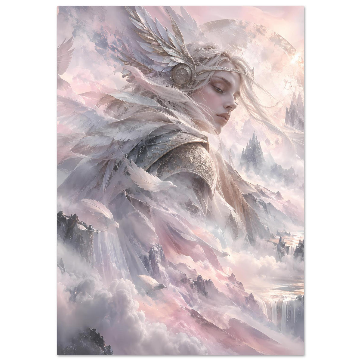 Vertikales Fantasy-Poster: Walküre im Profil, weiße Flügel und Schwert