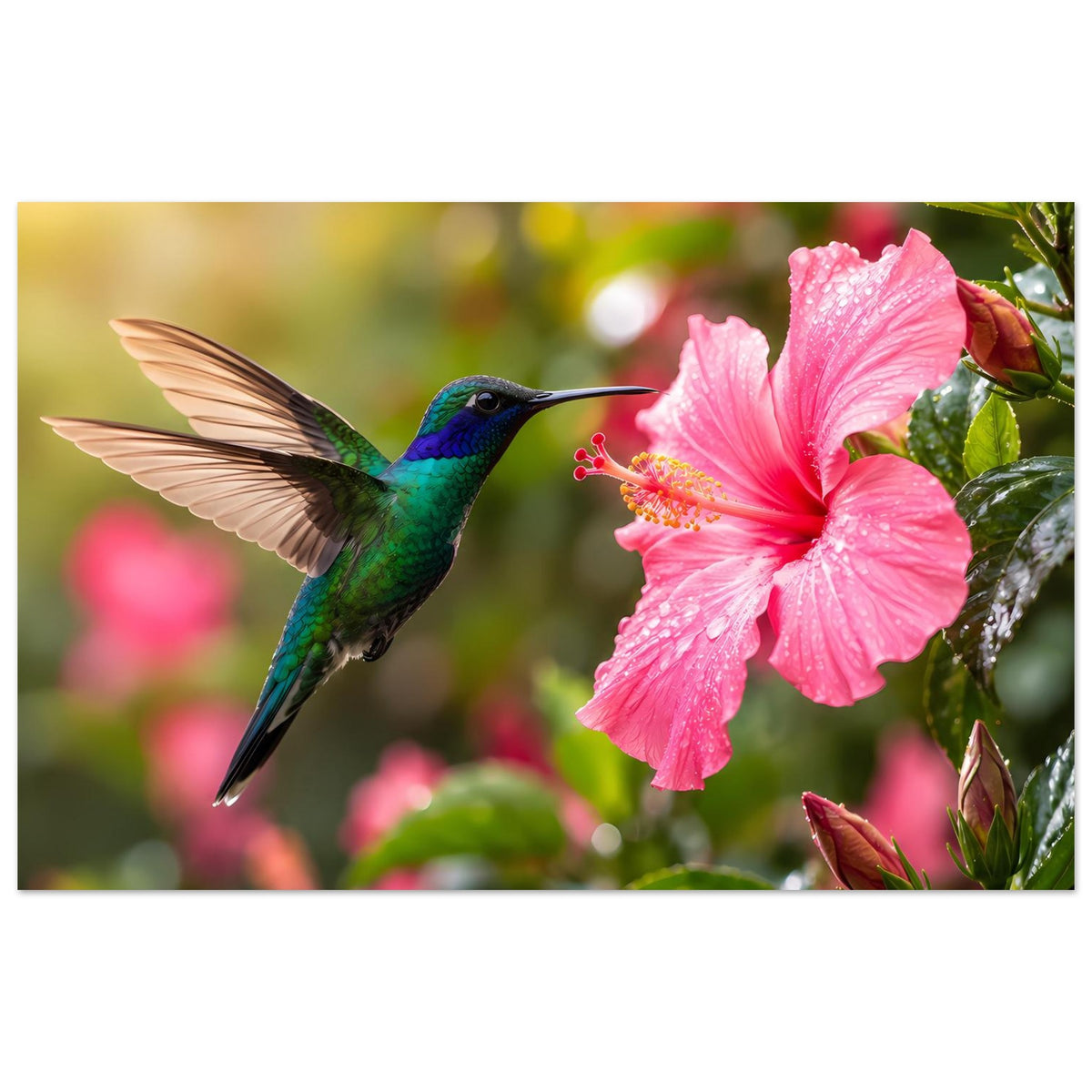 Naturposter mit grün-blauem Kolibri im Flug und großer pinker Hibiskusblüte