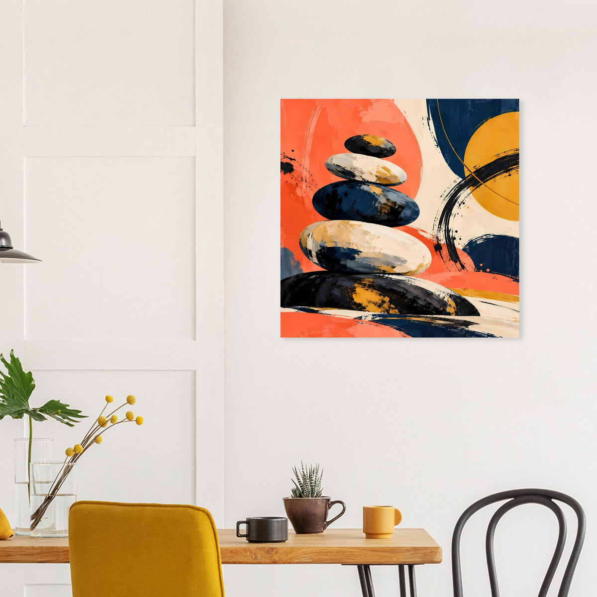 Rechteckiges Poster mit Steinturm-Illustration in Orange, Dunkelblau und Gelbtönen