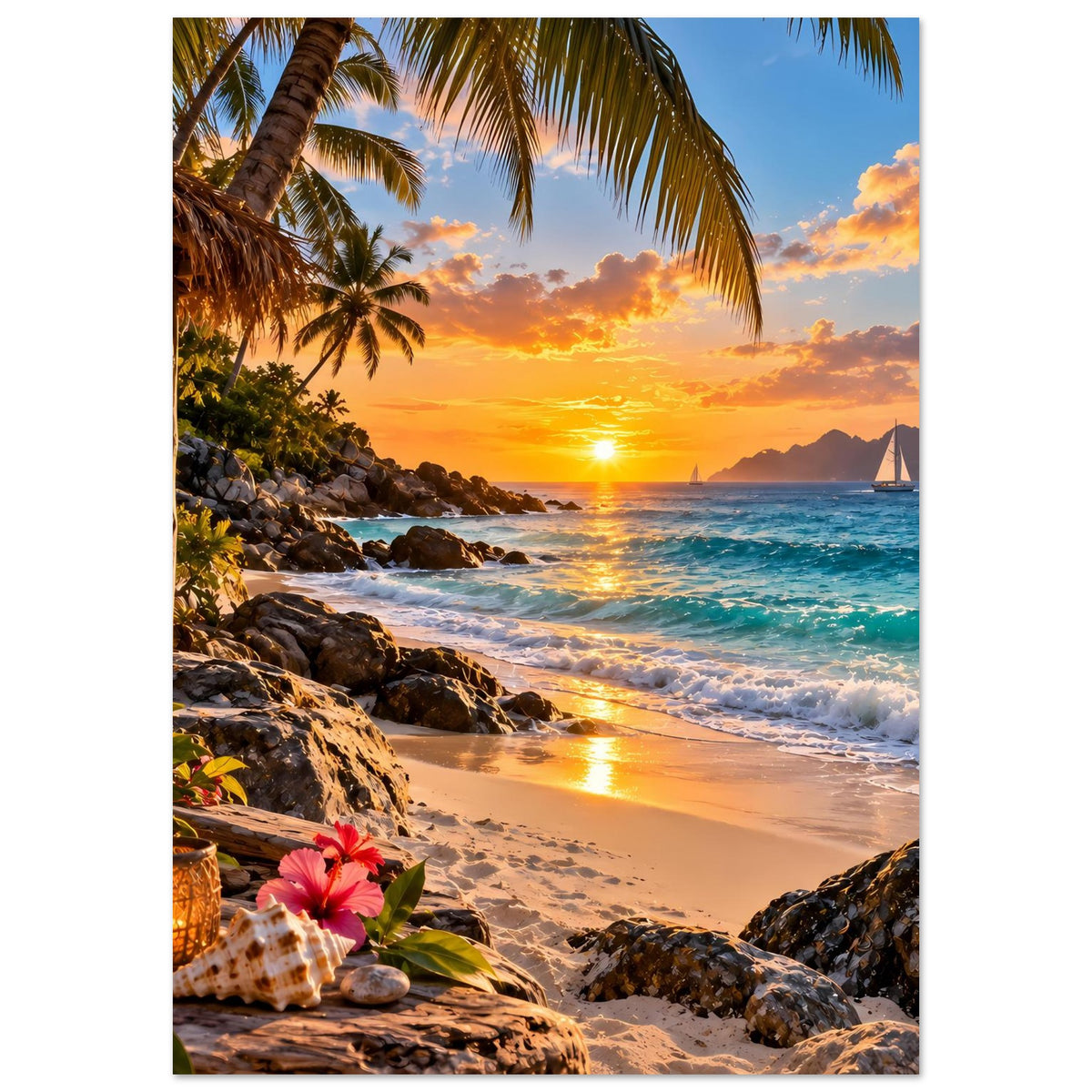 Tropisches Strand-Sonnenuntergangs-Poster mit Palmen, Felsen und goldener Abendsonne