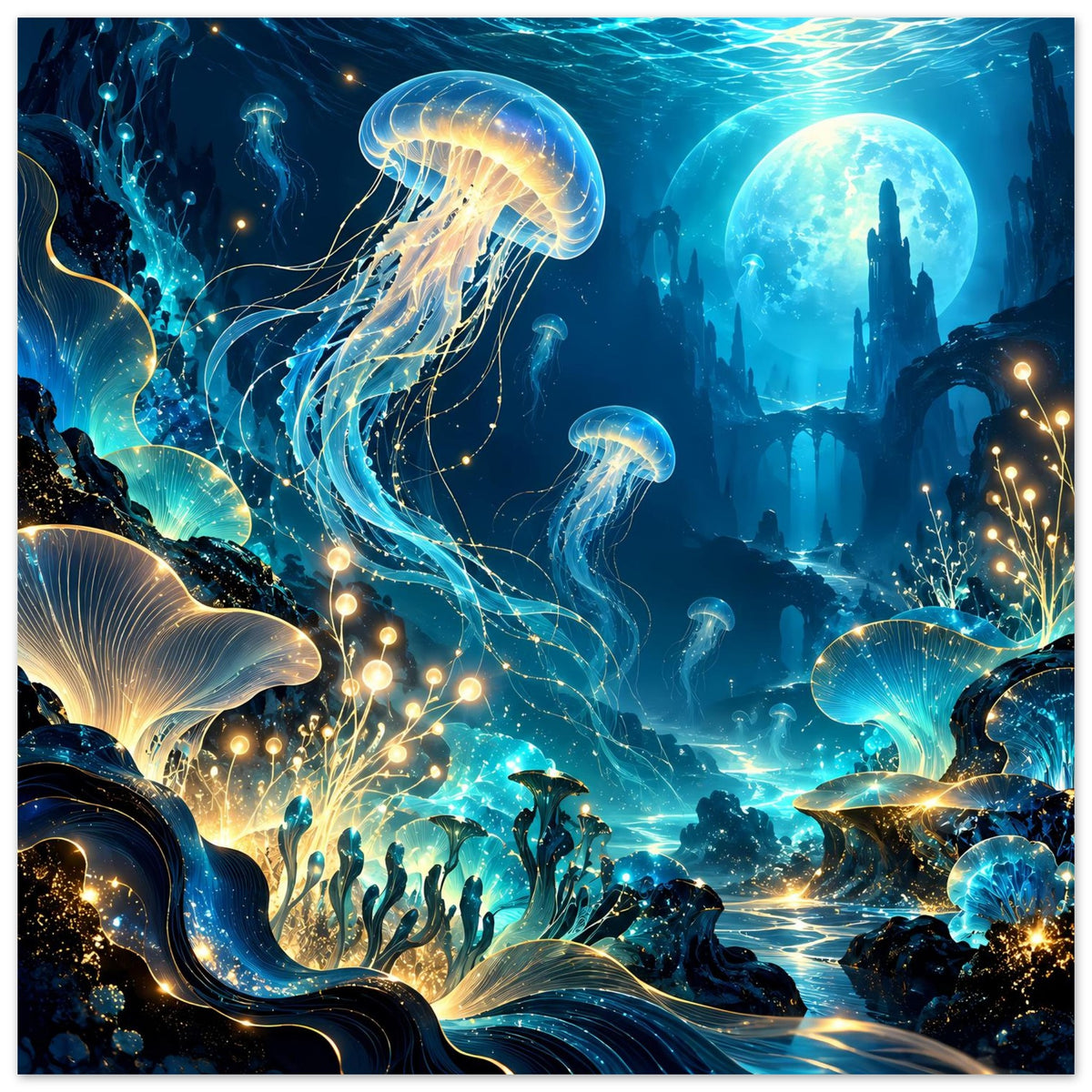 Quadratisches Unterwasserwelt-Poster mit Quallen, Korallen und goldenen Lichtpunkten in Blau