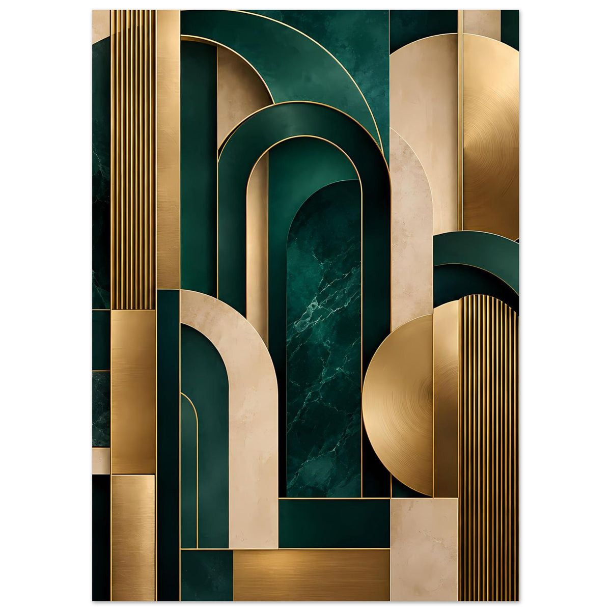 Art-Deco-Poster mit geometrischen Säulenformen, goldfarbenen Bögen und dunkelgrünen Flächen