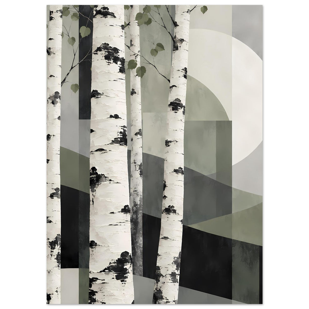 Birkenwald-Naturposter mit Blättern, schwarzen Spritzern und grün-grauen Flächen.