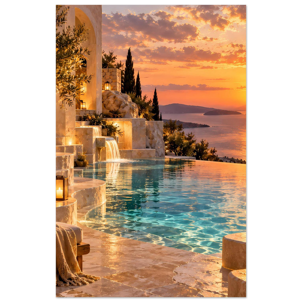 Hochformatiges Landschaftsposter mit Meer-Sonnenuntergang, Wasserfall, türkisfarbenem Pool und Laternen