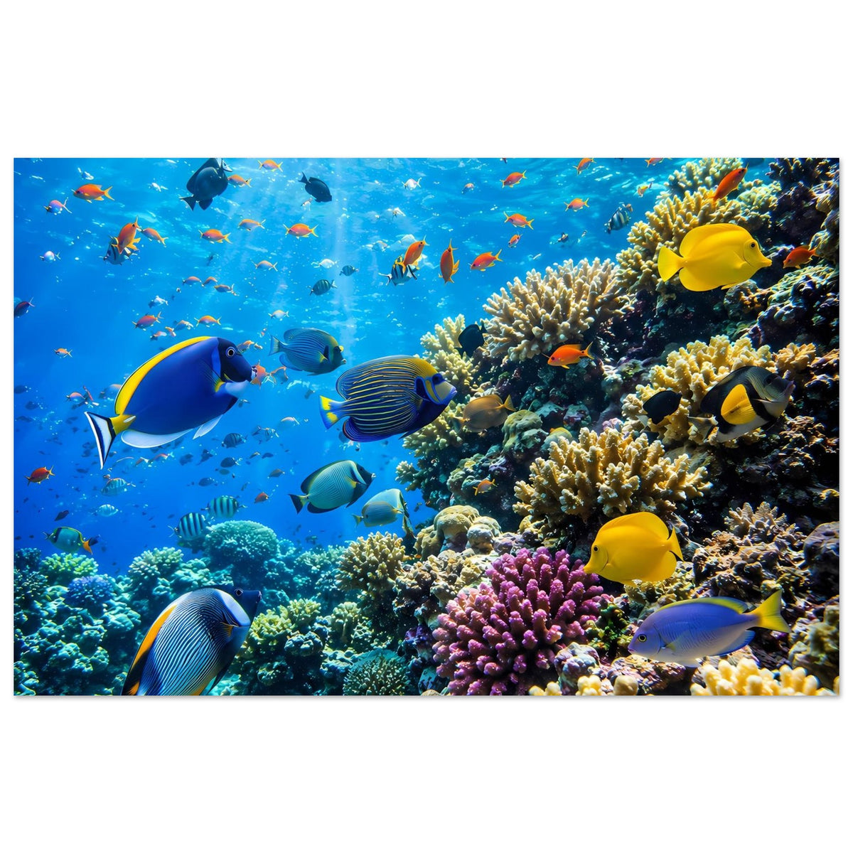 Poster im Querformat mit Korallenriff, gelben Fischen und bunten Korallenpolypen