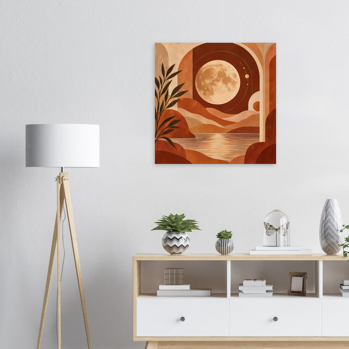Boho-Poster mit Vollmond über Wüstenszene, terrakottafarben, quadratisch