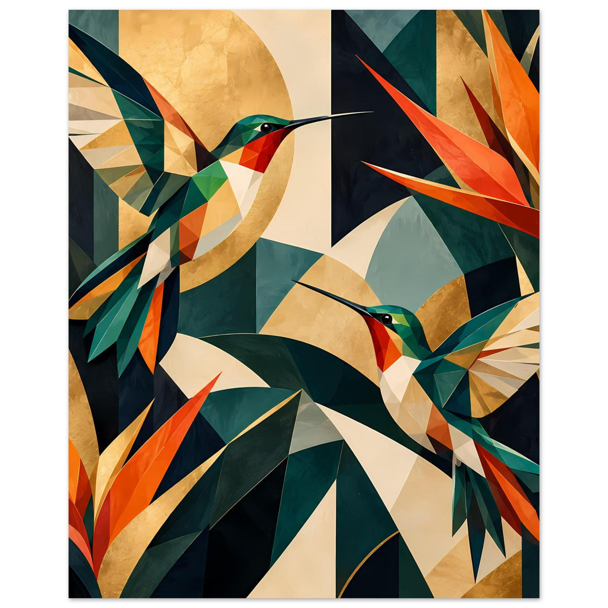 Wandposter vertikal mit geometrischen Kolibris, große Farbflächen in Grün und Orange