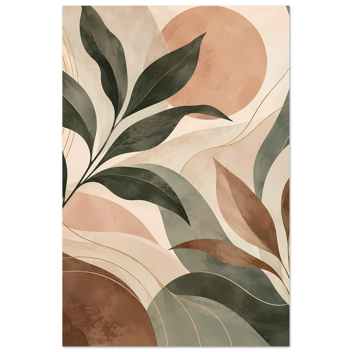Hochkant-Kunstposter mit abstrakten Pflanzenformen in Braun, Grün und Beige