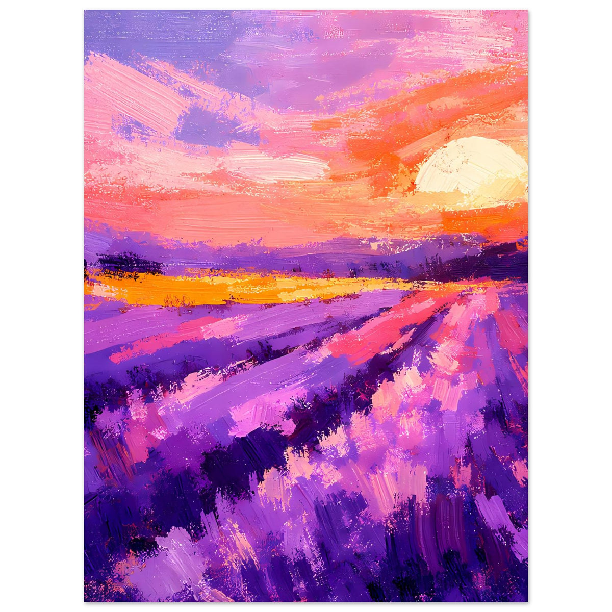 Hochformat-Poster mit Lavendelfeld-Sonnenuntergang, violettem Pinselstrich und großer Sonne