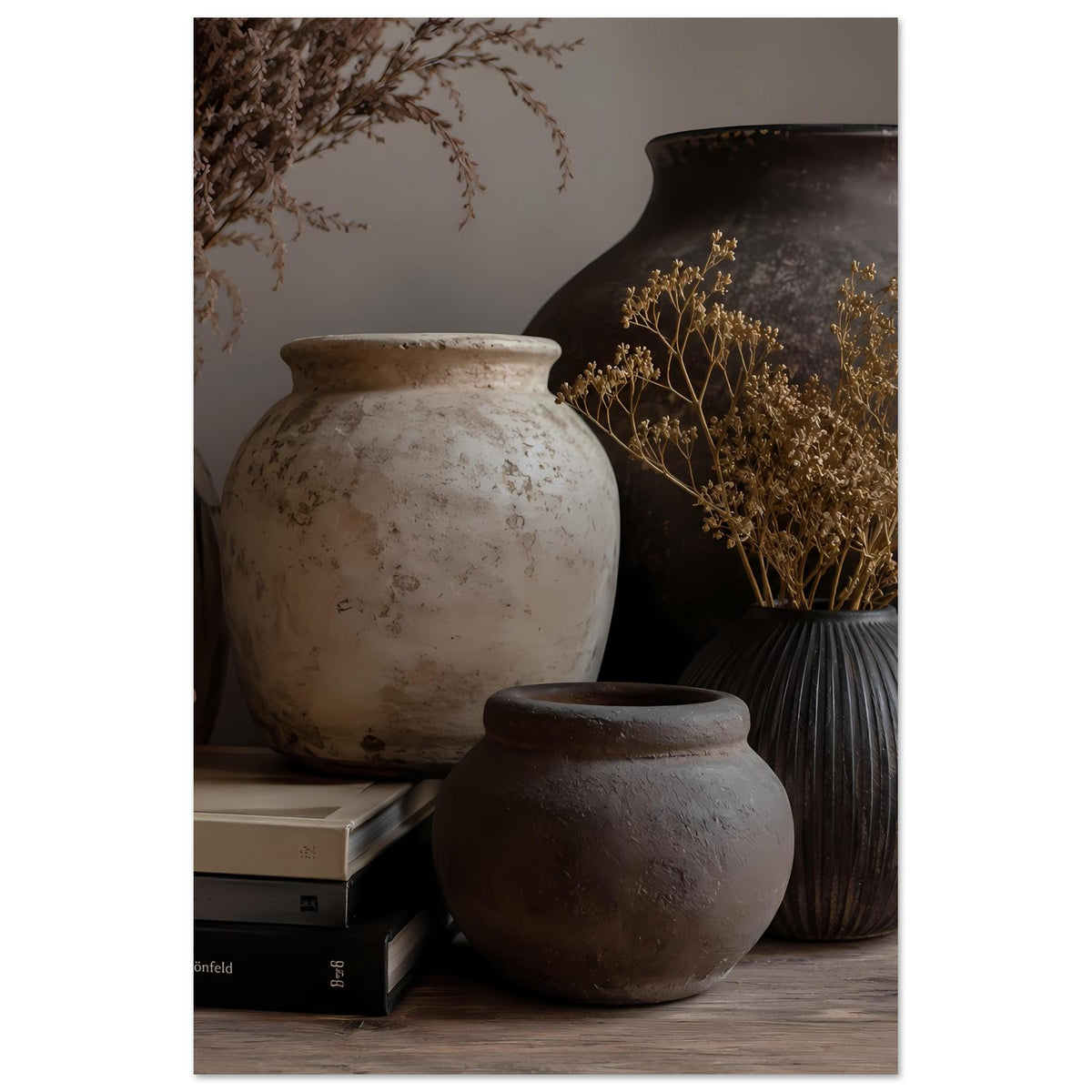 Wandposter im Hochformat: helle Keramikvase, dunkle Vase rechts, Trockenblumen