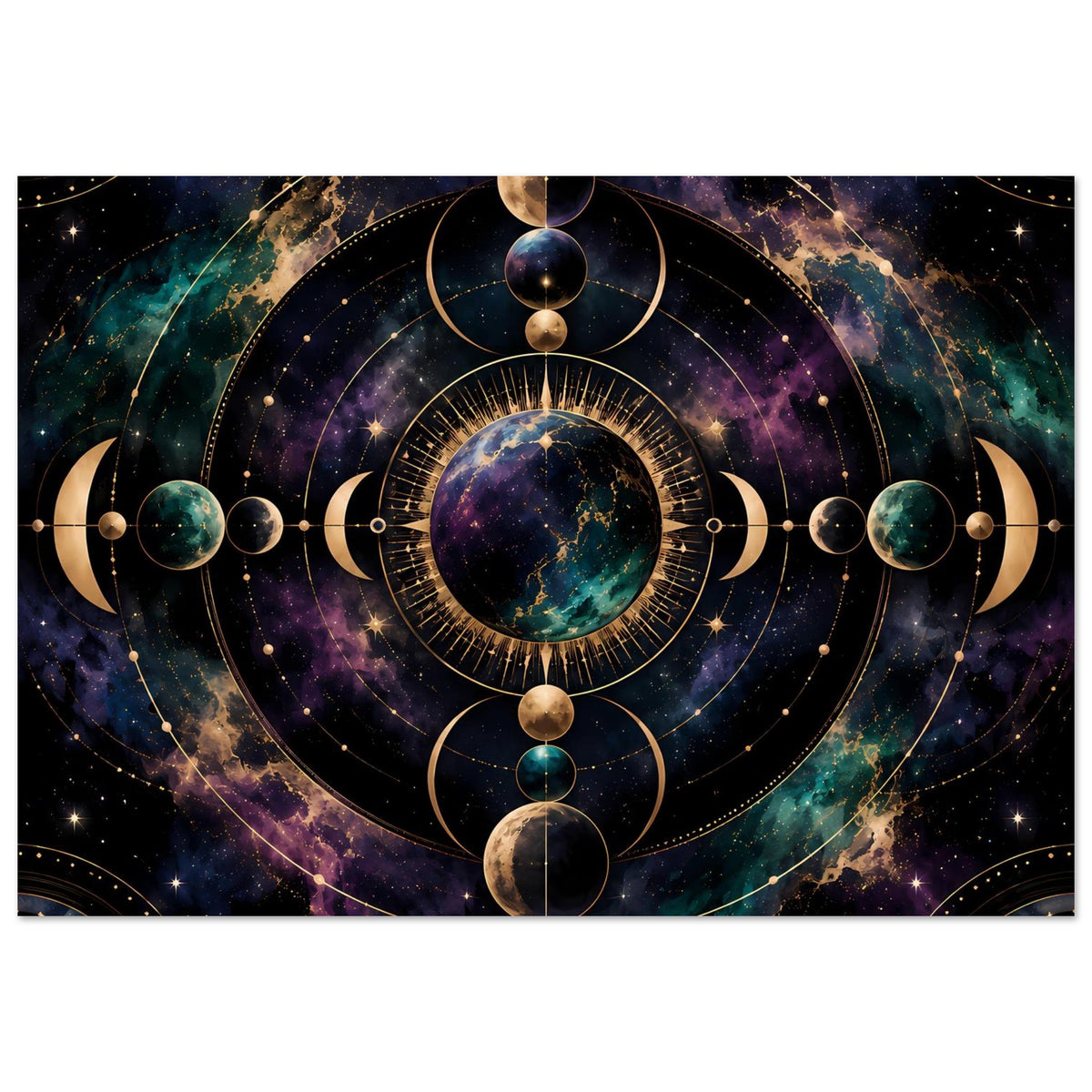 Poster mit kosmischem Mondphasen-Motiv, goldenen Kreislinien und Planeten, frontal