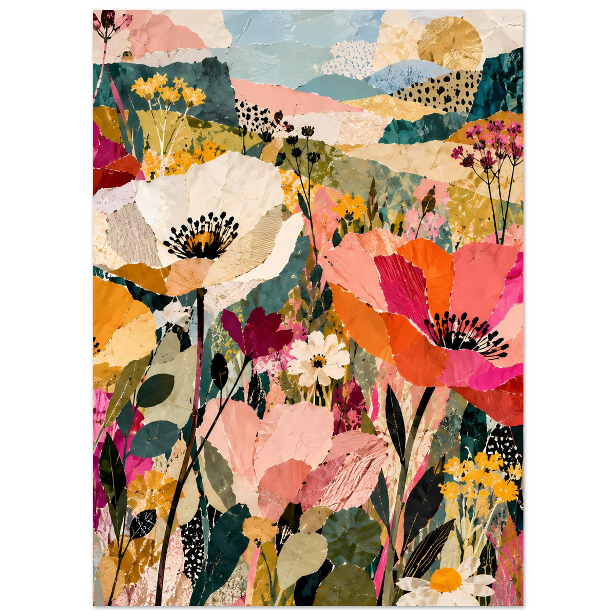 Blumen-Collageposter mit knalligen Blüten und Schirmpflanzen, rechteckig mit Rahmenkante