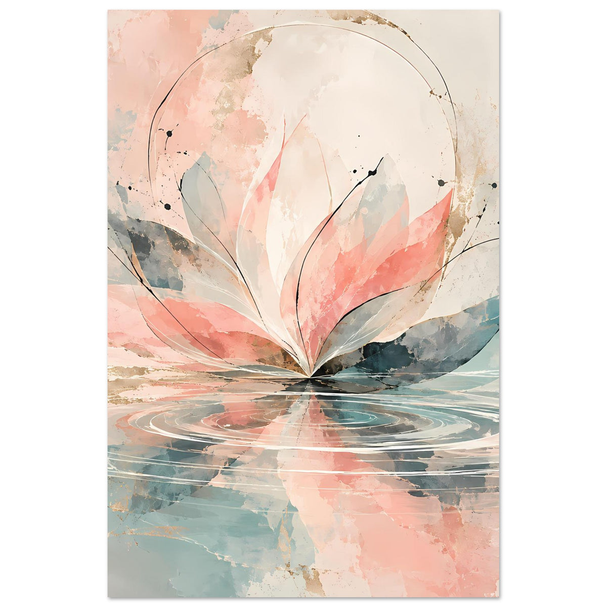 Aquarellblüten-Kunstposter im Hochformat mit rosa Blütenblättern, pastellblauen Flächen, Sprenkeln