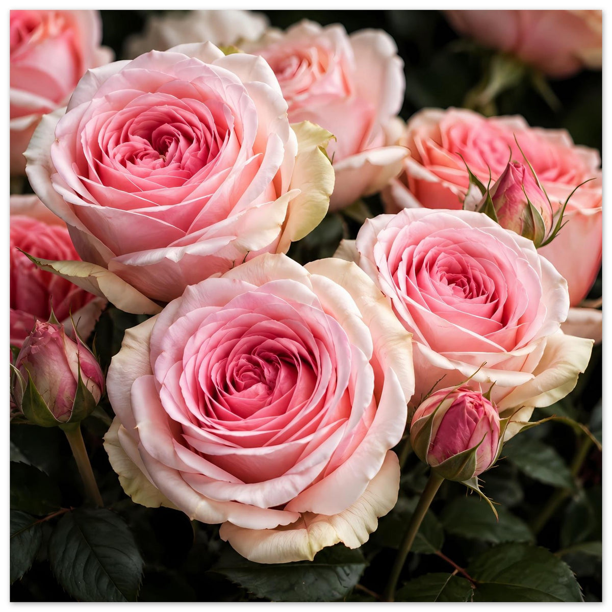 Poster mit zartrosa Rosen und cremeweißen Blütenblättern, Nahaufnahme mit drei Blüten