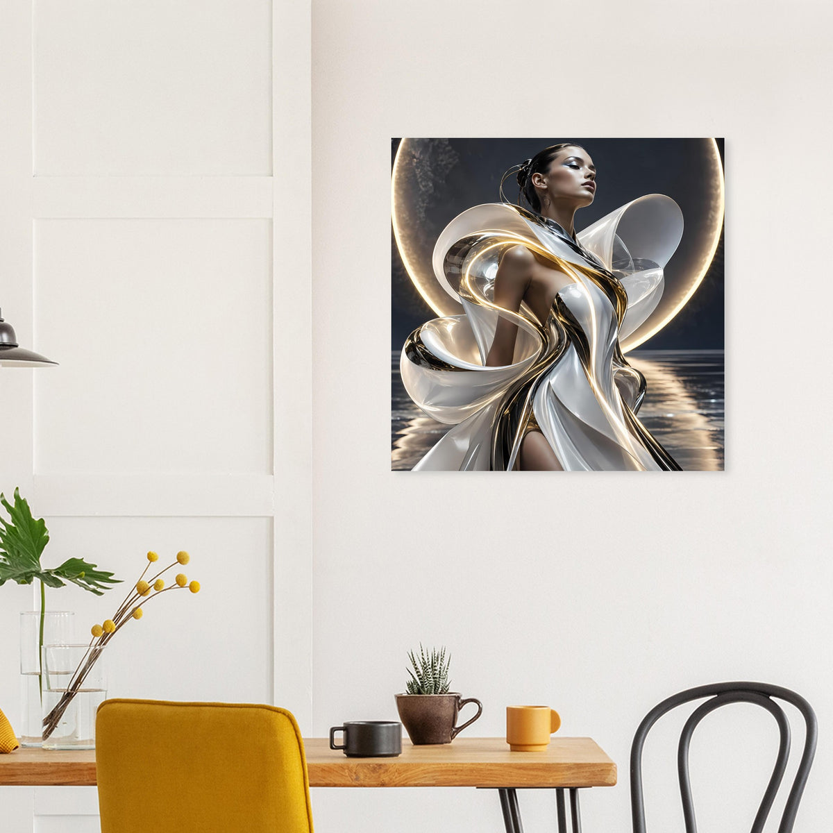 Abstraktes Poster mit Metallwirbel in Silber und Gold sowie stilisierter weiblicher Figur