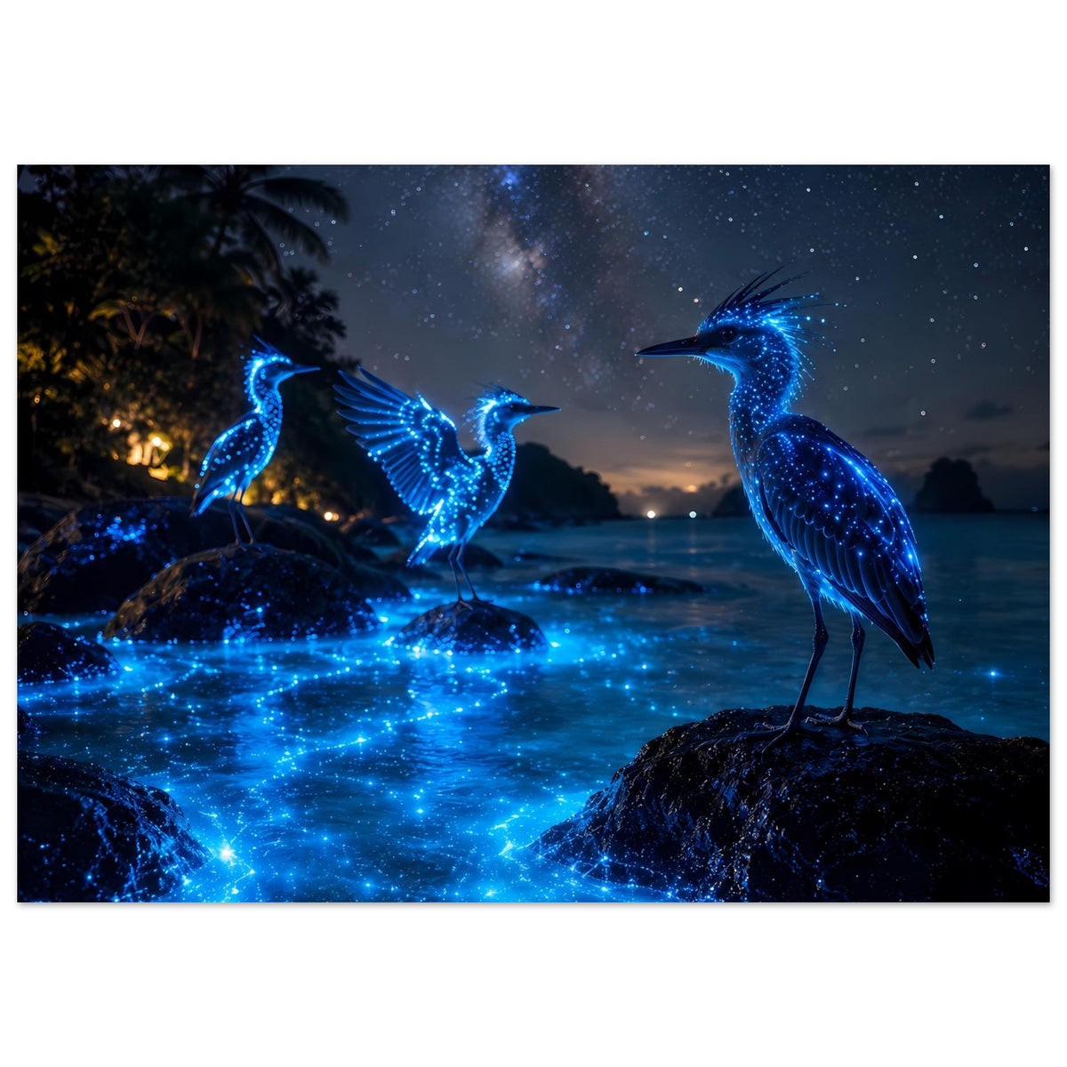 Poster mit drei leuchtenden blauen Nachtvögeln, Sternenhimmel über glitzerndem Wasser