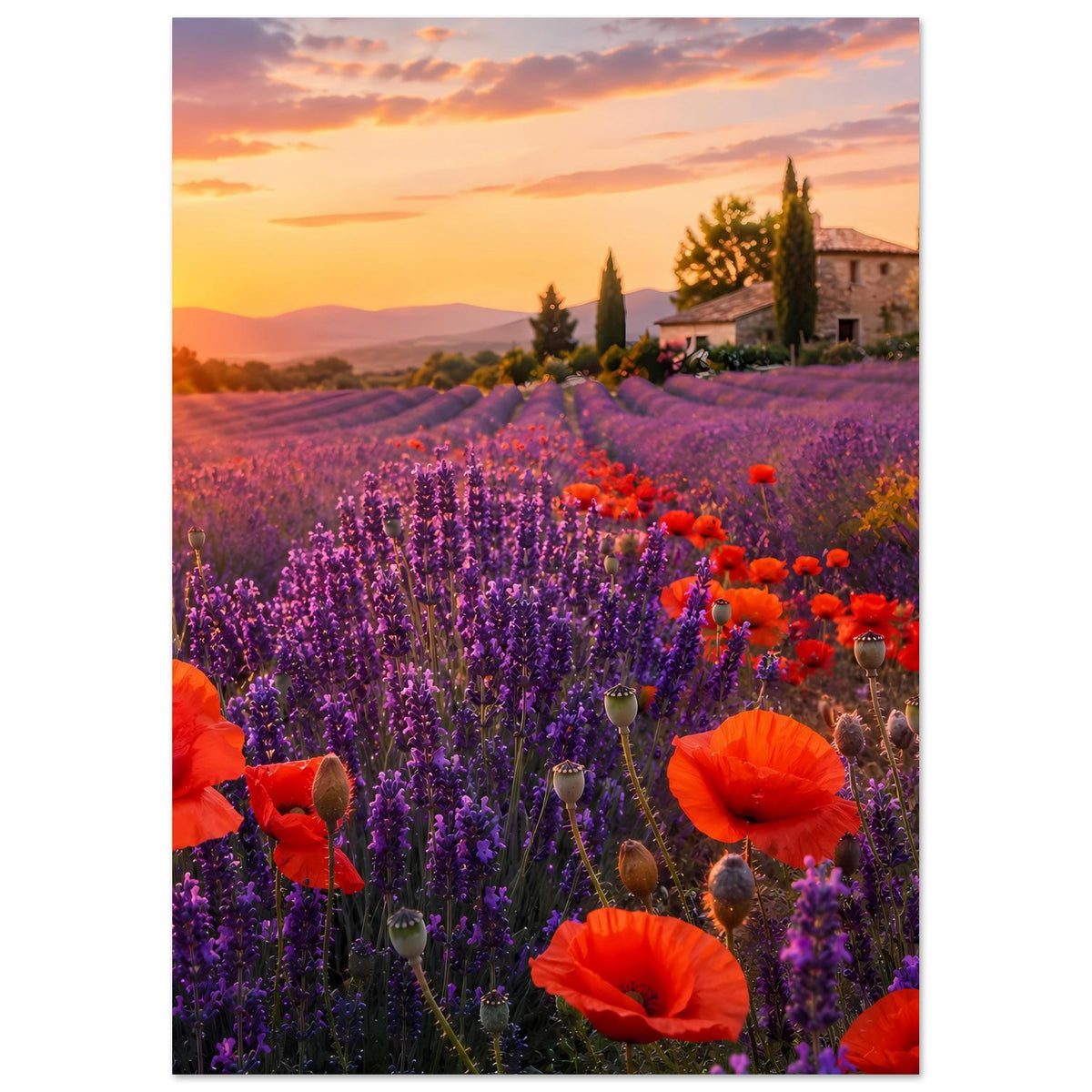 Poster im Hochformat mit Lavendelfeld, roten Mohnblumen und Abendhimmel