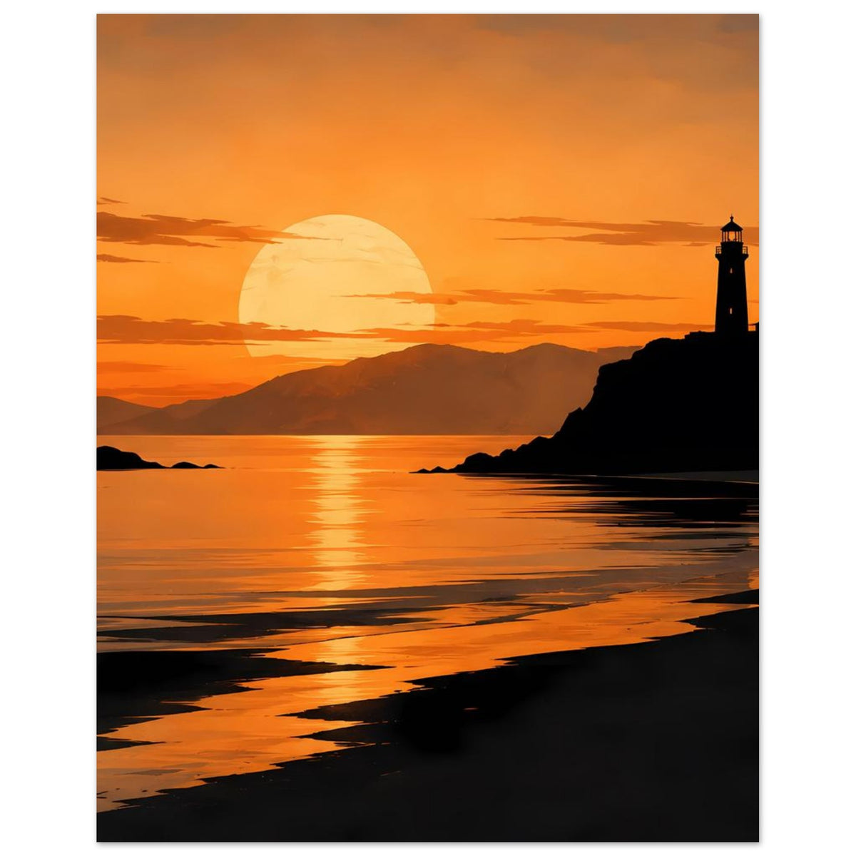 Küstenposter mit orangefarbenem Sonnenuntergang am Meer, weicher Lichtbogen über dem Wasser