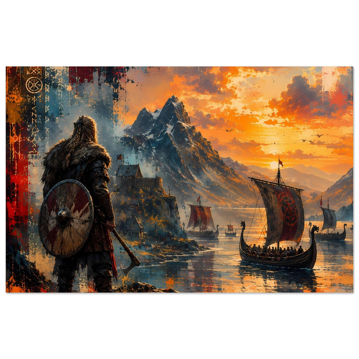 Wikinger-Poster im Querformat mit Krieger und Langboot im orangefarbenen Licht