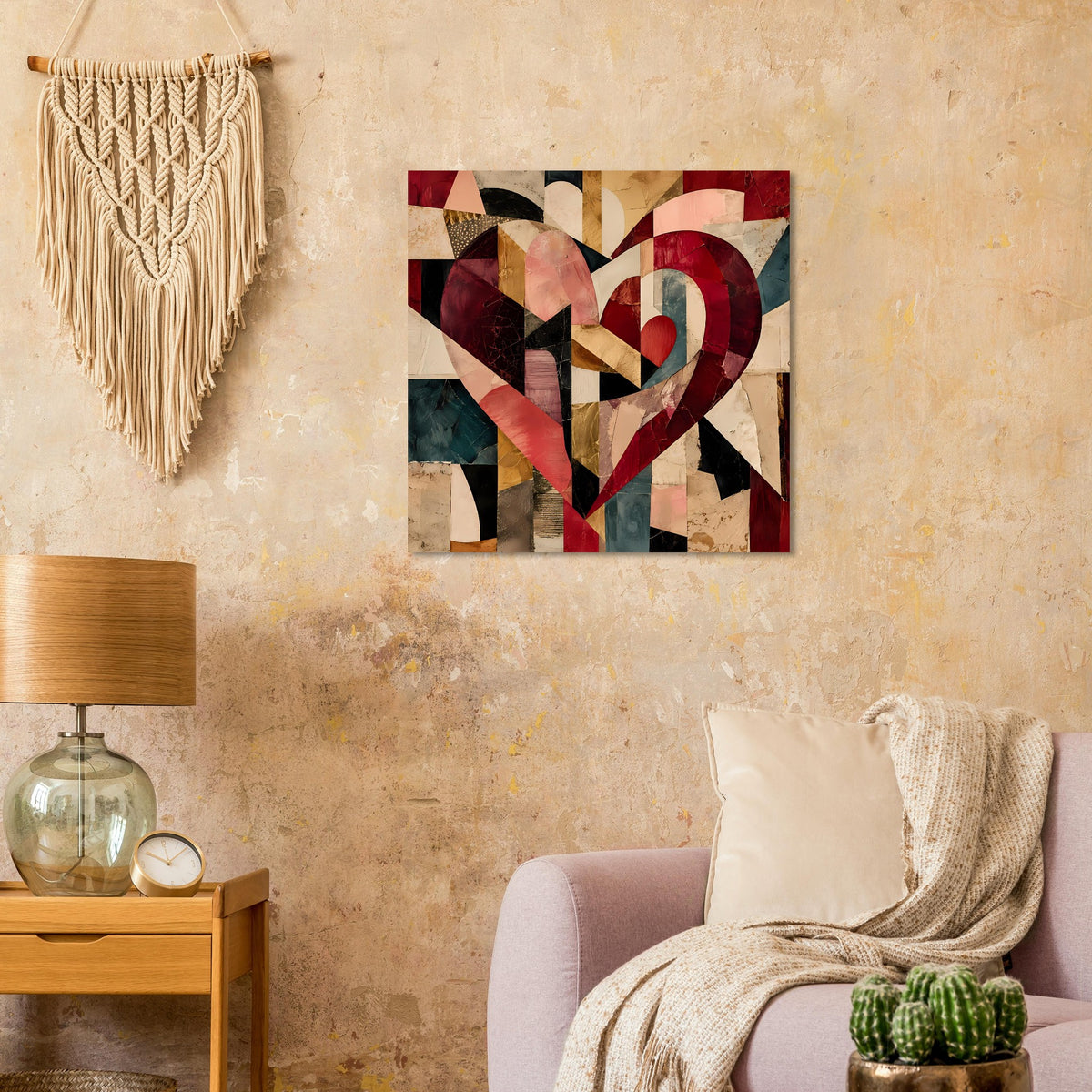 Quadratisches Poster mit abstraktem Herz aus Patchwork-Feldern in Rot, Braun und Blaugrün