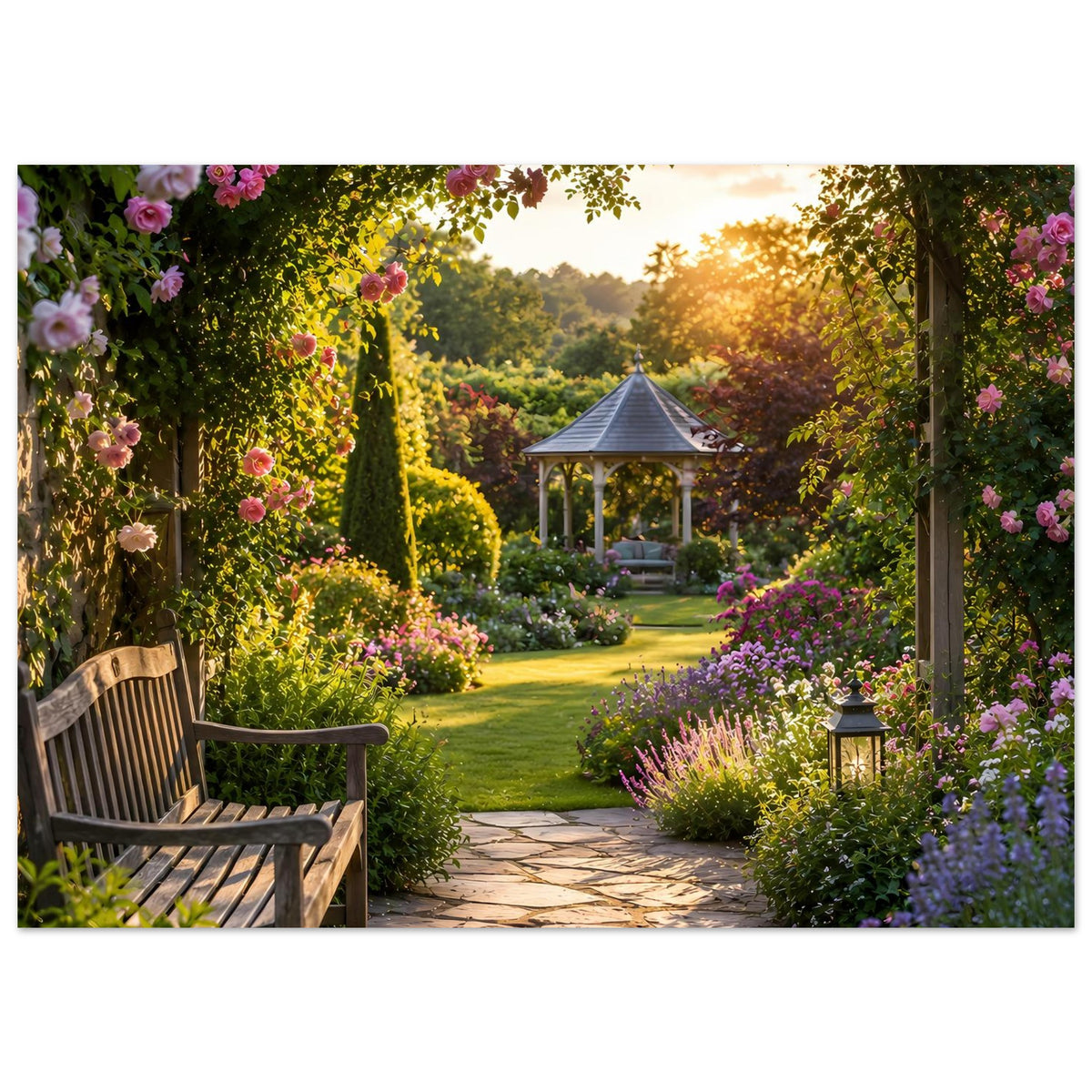 Querformat-Naturposter: Holzbank vor Blumenbeeten, geschwungener Weg zum Pavillon