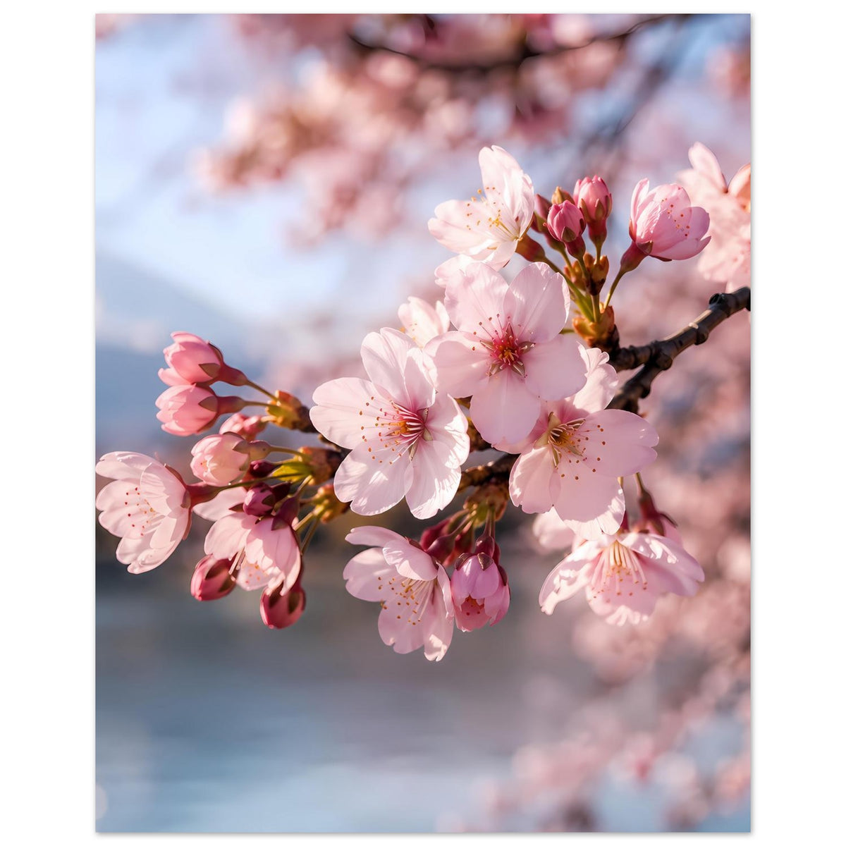 Kirschblüten-Poster mit Blütenzweig und rosafarbenen Kirschblüten in Nahansicht
