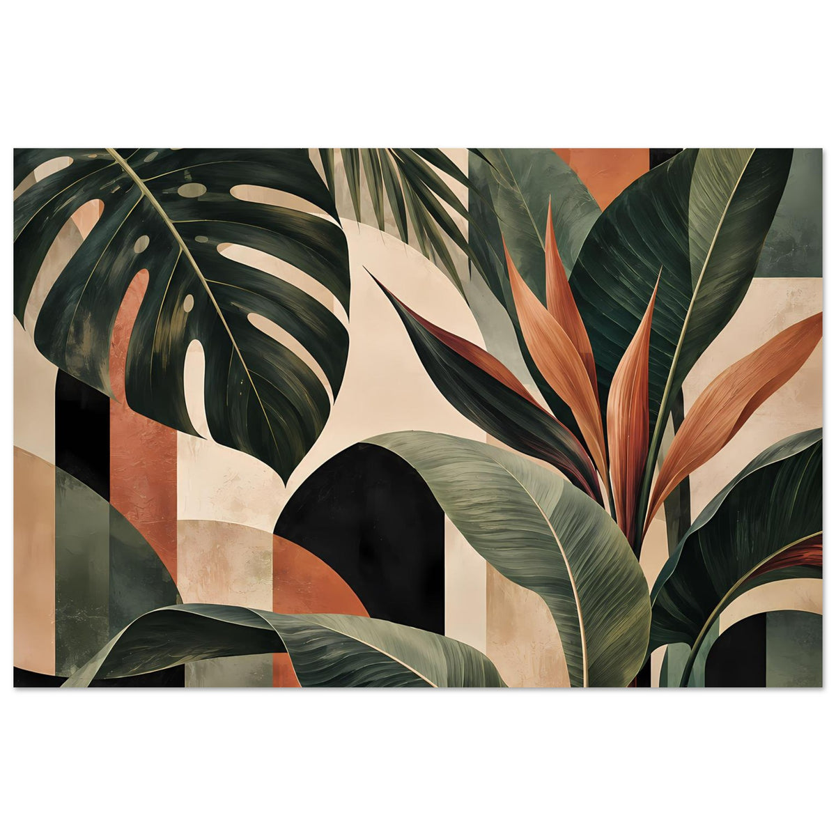 Botanisches Poster mit tropischen Blattmotiven in Dunkelgrün, Orange und Beige, breite Ansicht