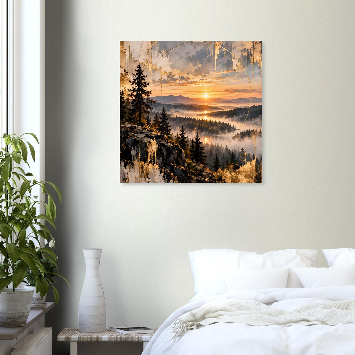 Landschaftsposter mit Sonnenaufgangsstimmung, Wald und Dunst über den Tälern