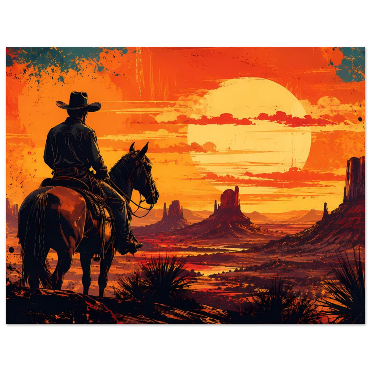 Cowboy-Poster mit Reiter auf Pferd, großer gelber Sonne, Wüstenlandschaft in Orange/Rot.