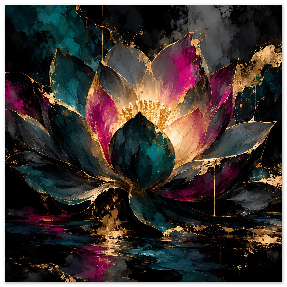 Kunstposter: Lotusblüte mit goldenen Lichtern, türkis/pink, Wasserreflexe in dunklen Farben