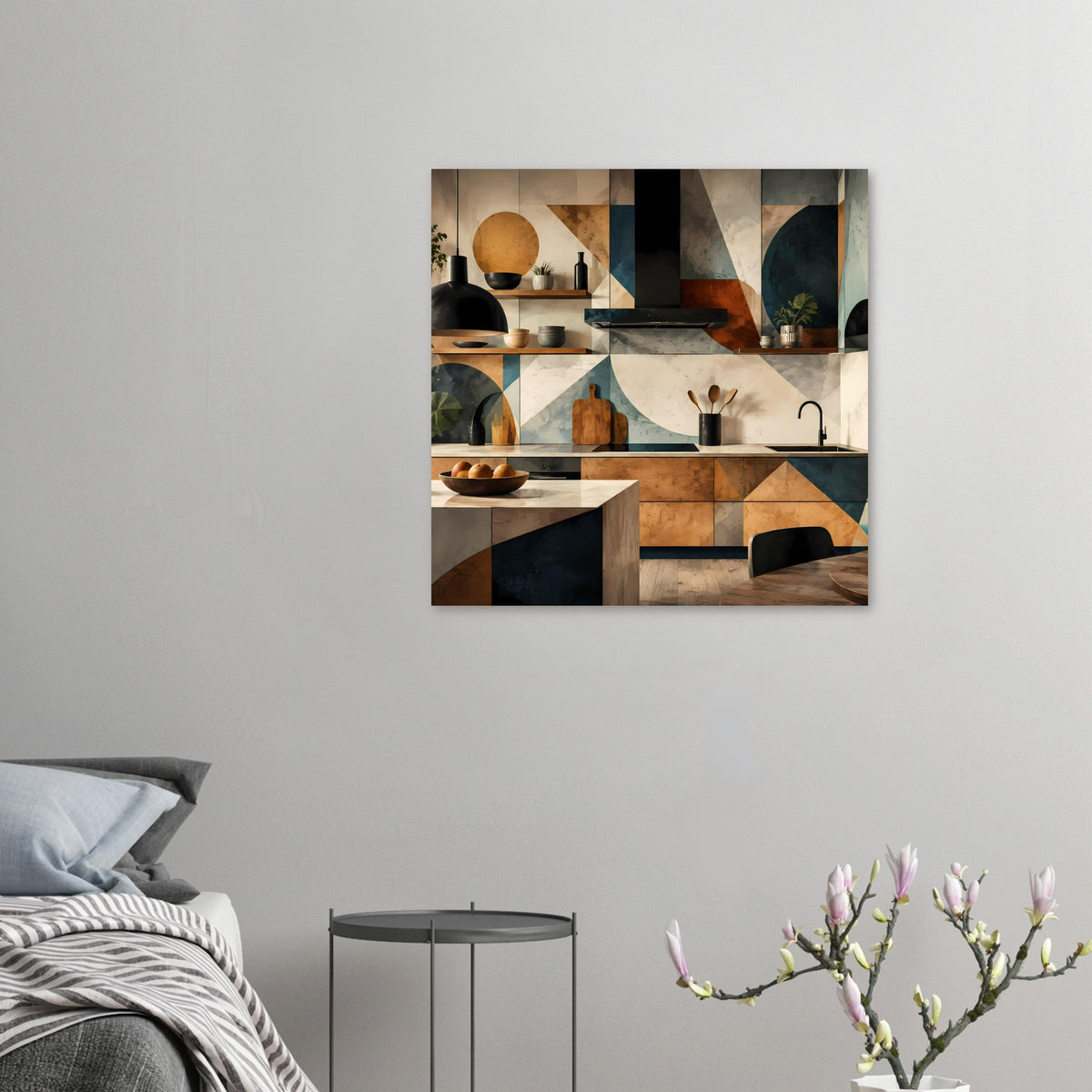 Kleines Küchenkunst-Poster an der Wand, geometrisches Küchenmotiv in Braun und Blau