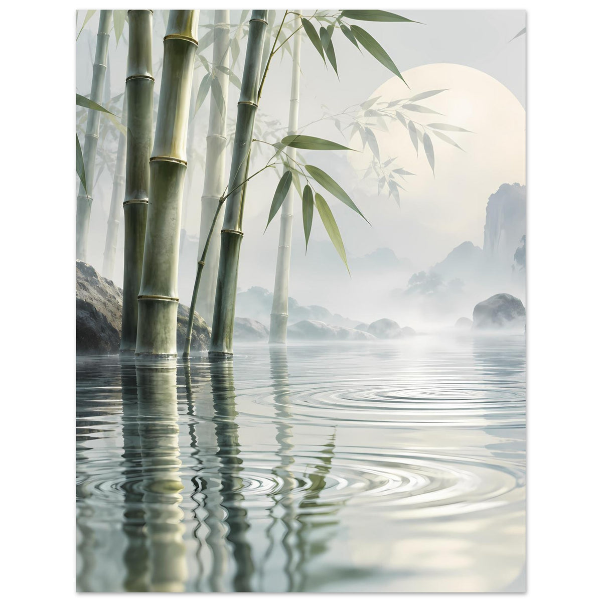 Bambus-Reflexionsposter mit Schilf und glatten Wasserreflexen im Nebel