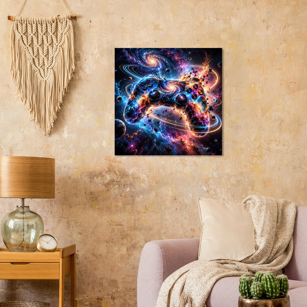 Quadratisches Poster: Galaxie-Motiv mit Gaming-Controller, blau-goldene Nebel und Lichtexplosion