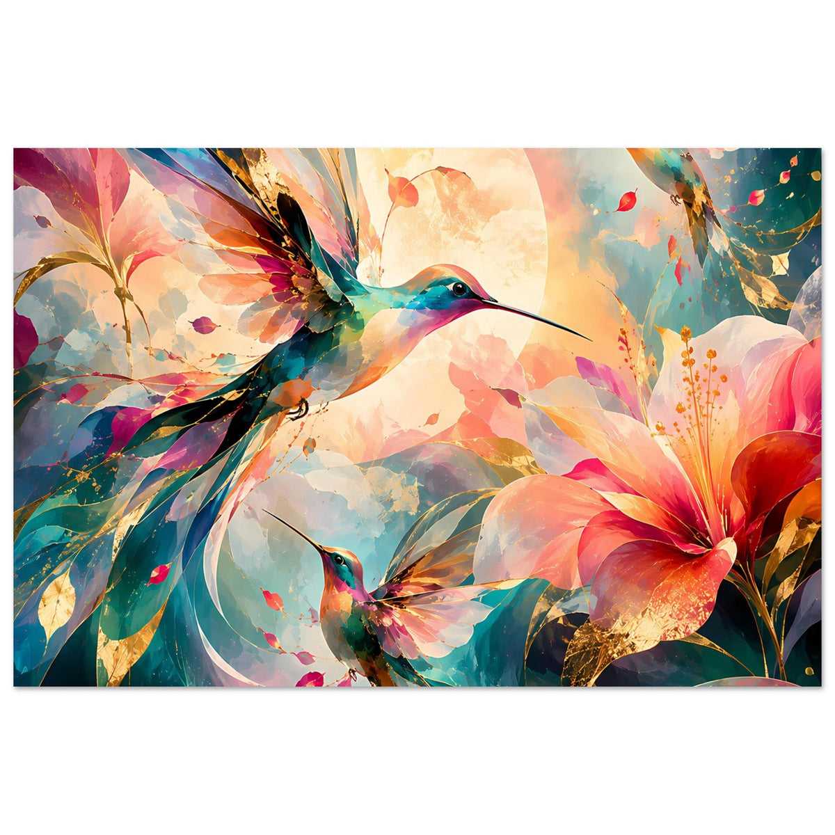 Kunstposter mit Kolibris und Blumenarrangement, bunte Farben, Querformat