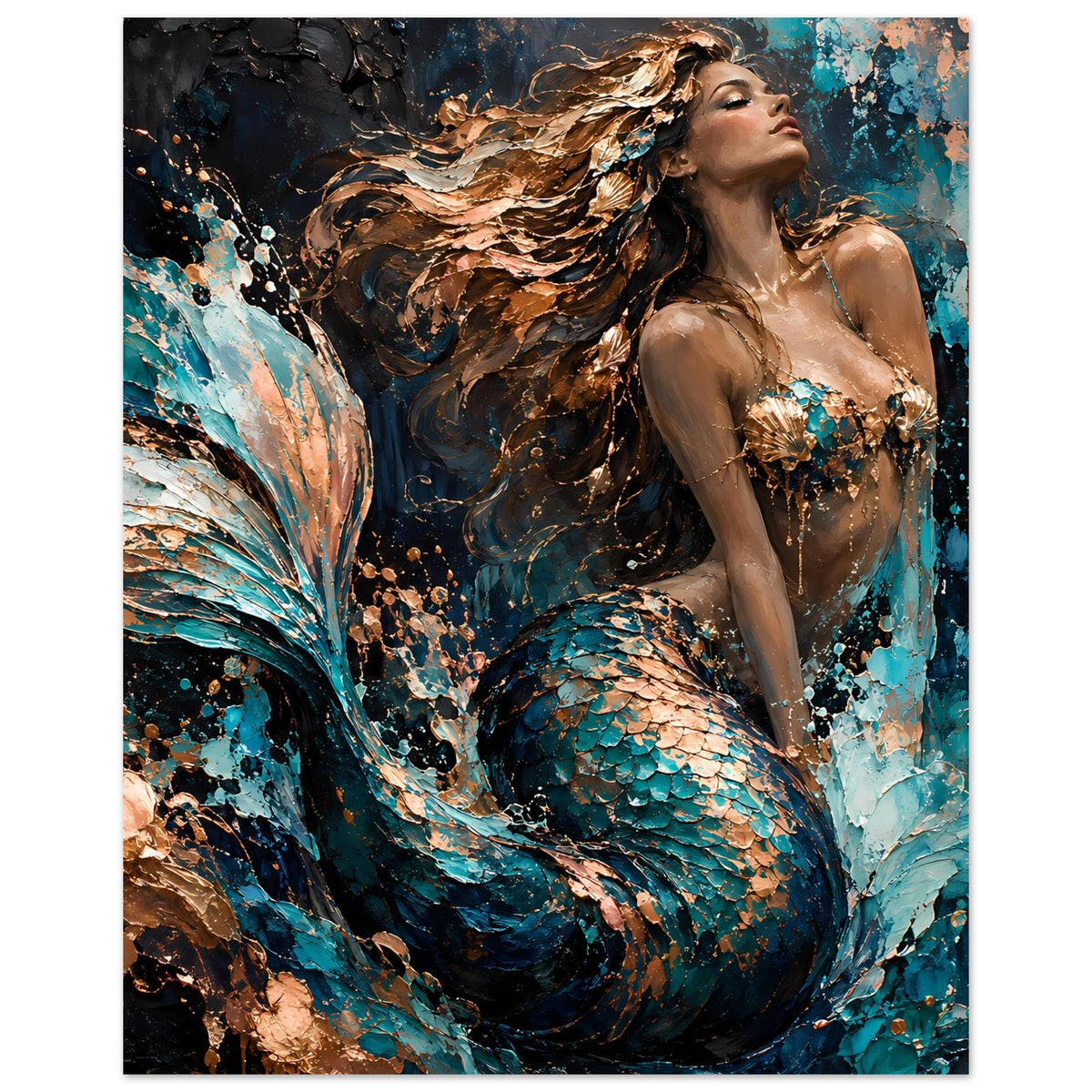 Fantasy-Kunstposter: sitzende Meerjungfrau mit türkis-kupferner Flosse, Pose nach oben.