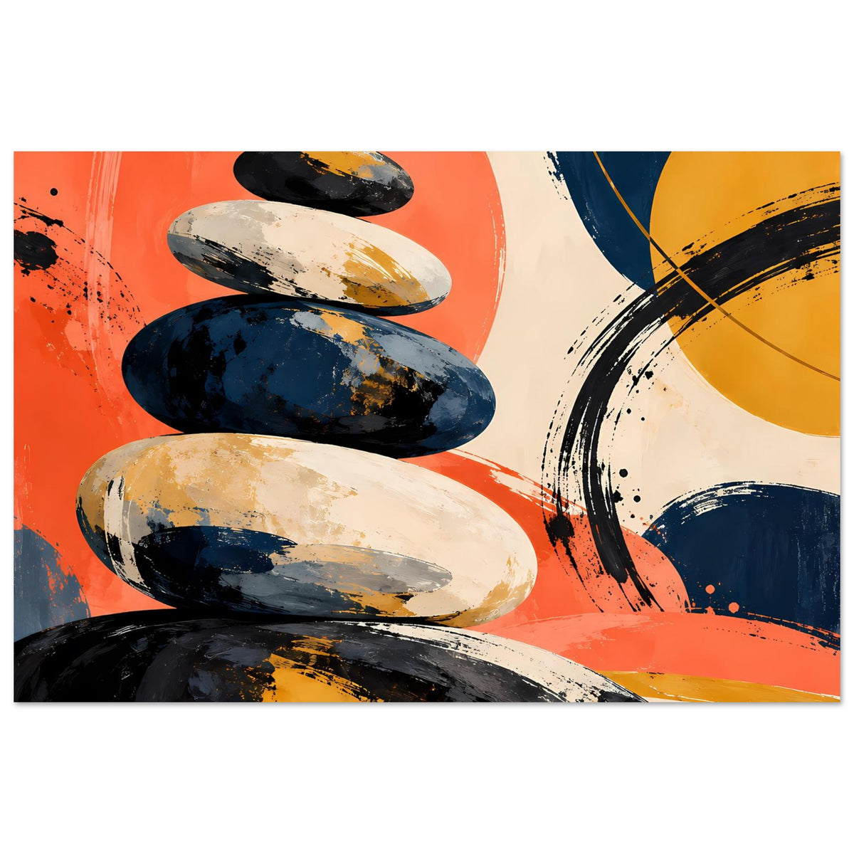 Abstraktes Poster: gestapelte Steine in Orange, Dunkelblau und Beige mit schwarzen Linien, Querformat.