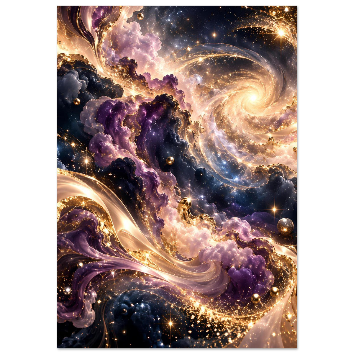 Kosmischer Kunstdruck mit violetten Nebeln und goldglänzenden Bahnen, vertikal im Format