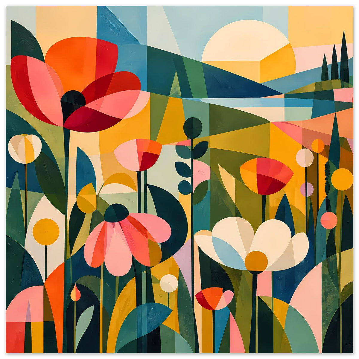 Abstraktes Blumenposter mit roten, beigen und grünen Blüten sowie gestreiften Pflanzen