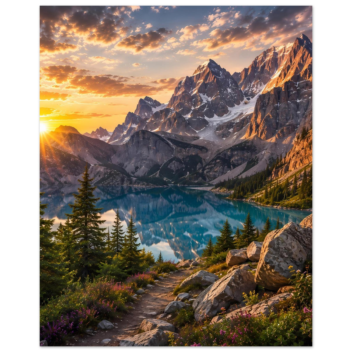 Vertikales Poster: Bergsee mit Reflexen, Gebirge, Tannenwald und Abendhimmel.
