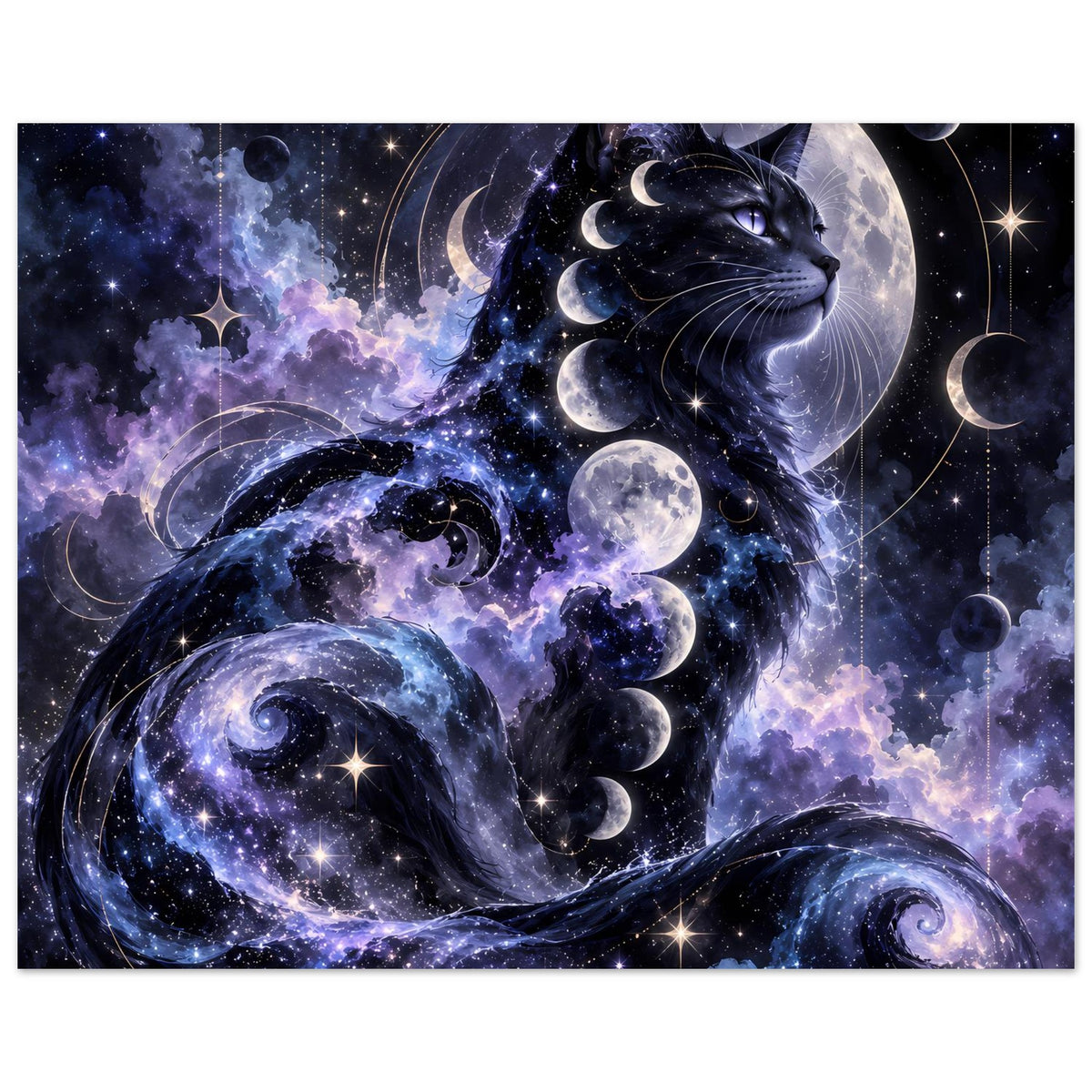 Poster im Hochformat, angeschnitten: schwarze Katze mit Monden, Planeten und Sternen